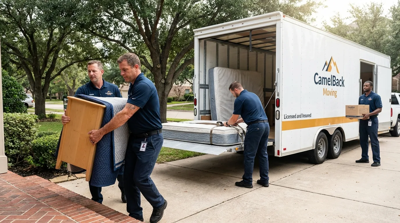 Crew loading residential truck for cross-state move from Saint David, AZ