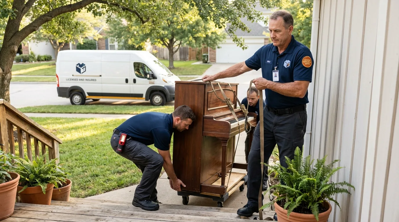 Licensed piano movers securing grand piano in Saint David, AZ