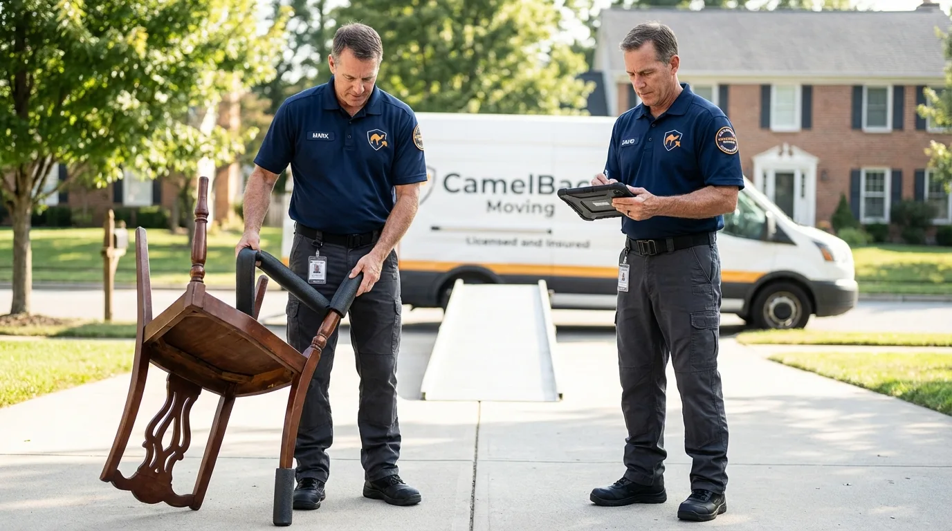 Movers inspecting furniture for damage prevention before loading in Saint David, AZ